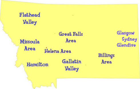 Map of Montana showing French, German and Spanish language classes, activities and childrens programs for kids