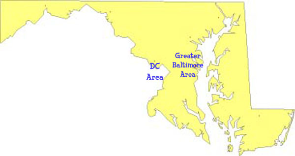 Map of Maryland showing French, German and Spanish language classes, activities and childrens programs for kids